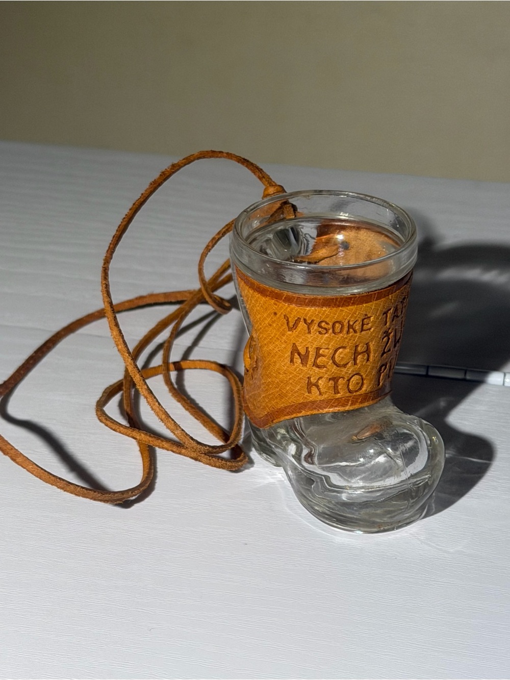 Tan Leather-Wrap Glass Boot Pendant Necklace - Unbranded